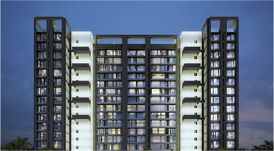 Front elevation night view of raheja park west project in santacruz west