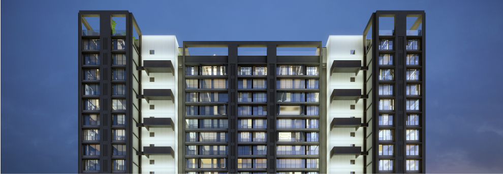 Front elevation night view of raheja park west project in santacruz west